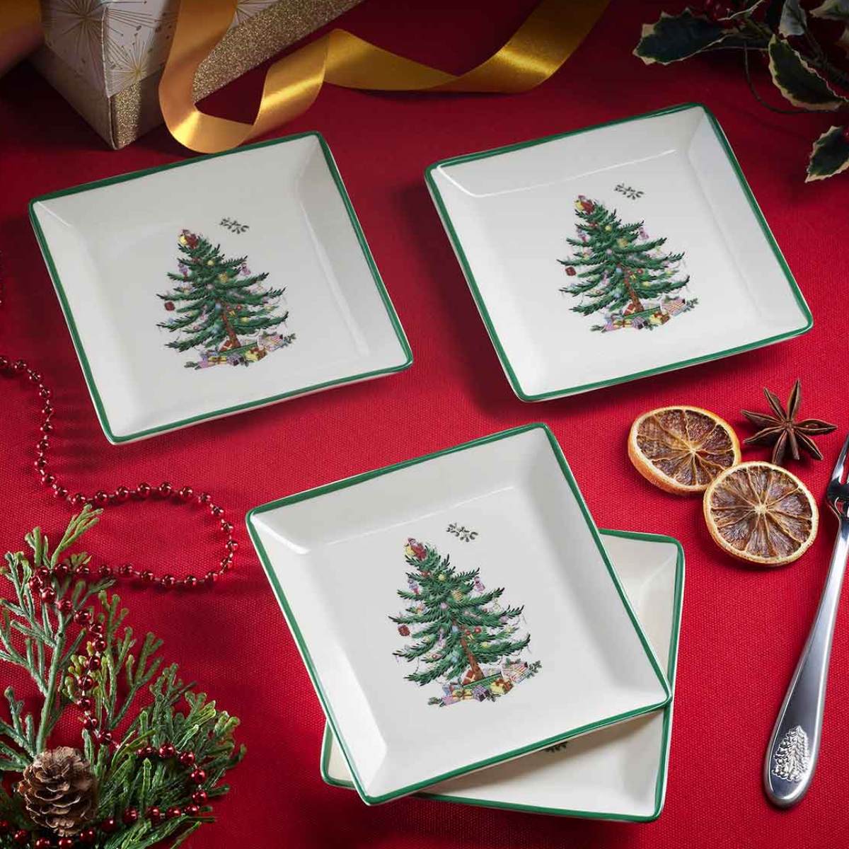 Christmas Tree Square 5 Inch Tidbit Plates Set of 4 image number null
